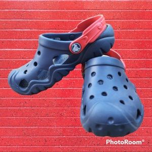 EUC! Swiftwater Crocs iconic comfort navy blue/volt red size 12 toddler